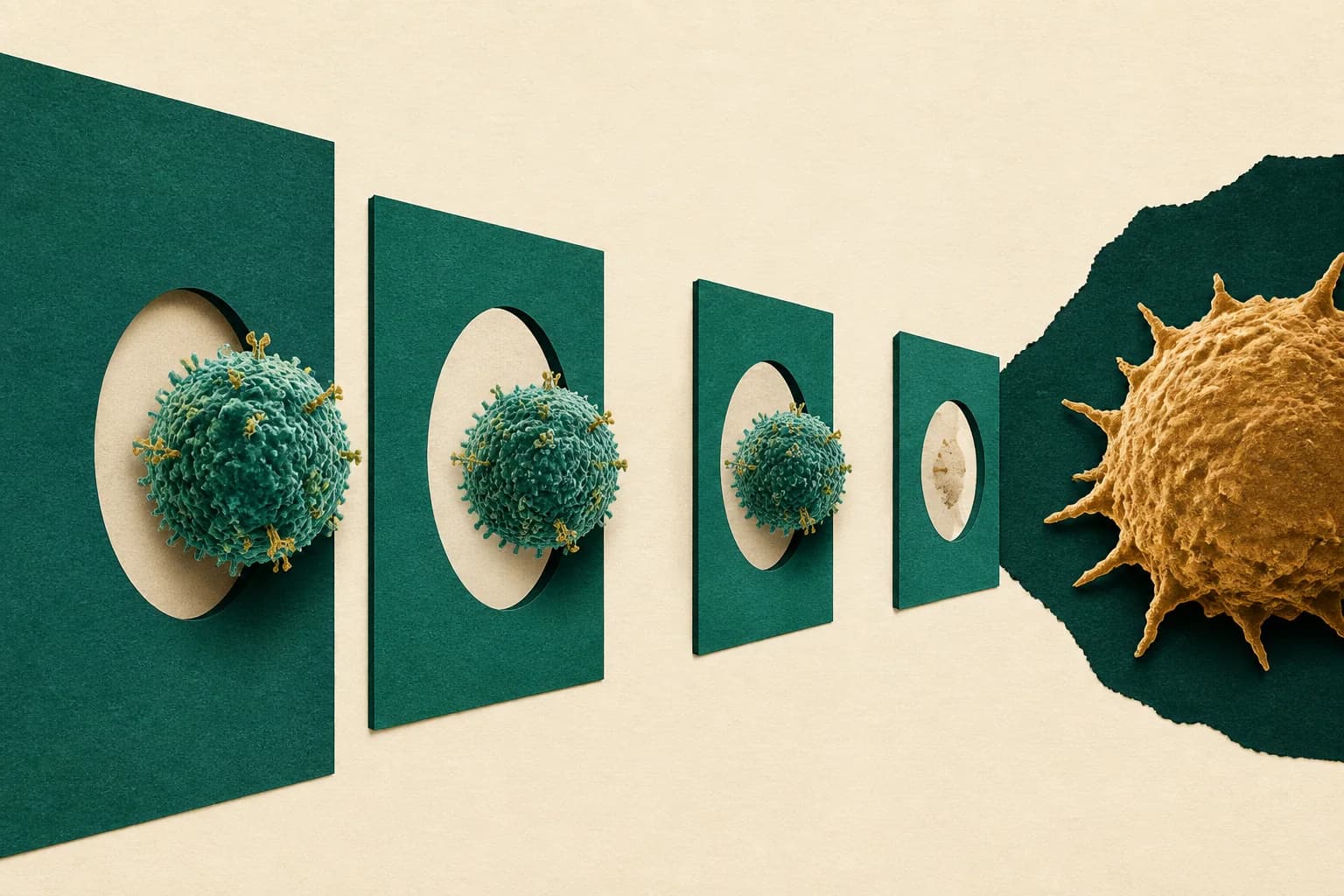 Engineered T cell moving through a sequence of referral gates